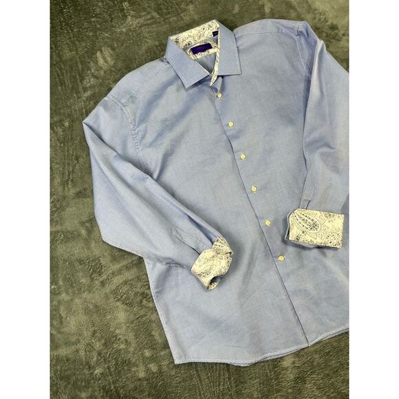 Tallia Purple Label Dress Shirt XL 17.5 Blue Micro Check Paisley Flip Cuff Men's - Picture 8 of 11